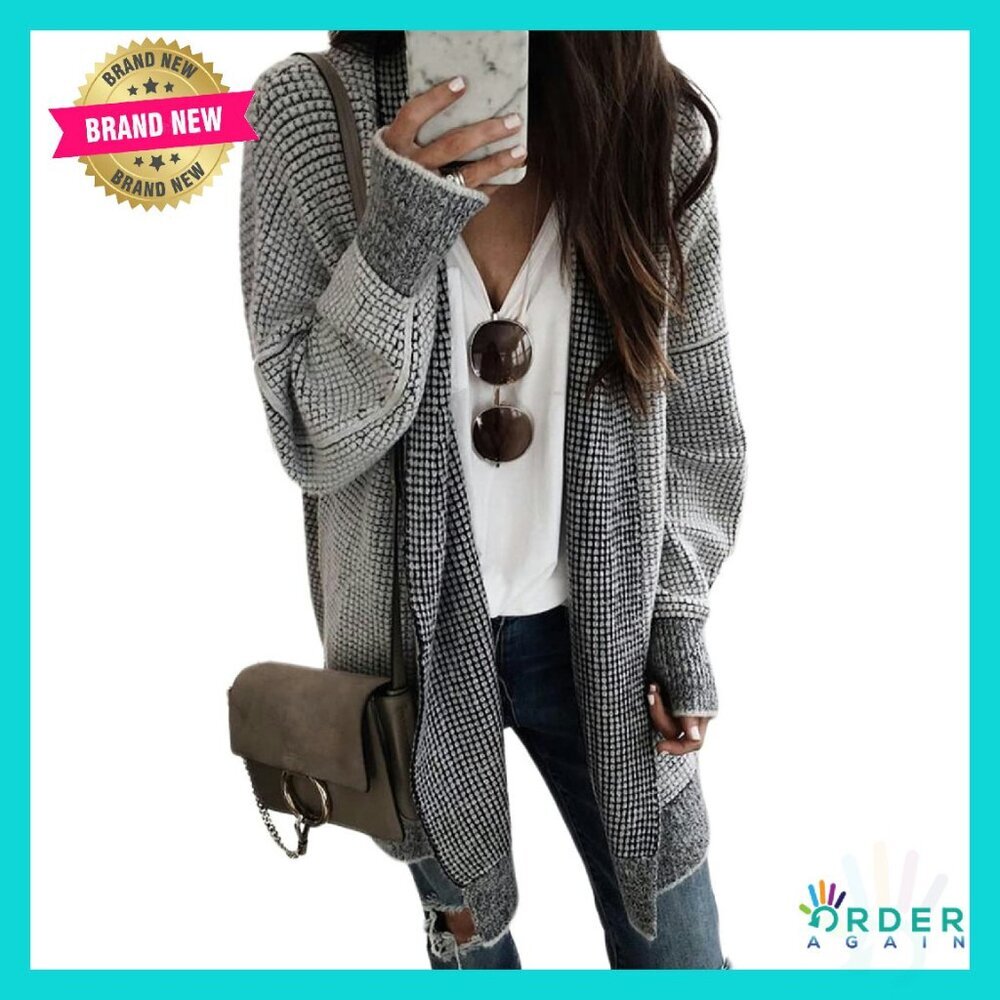 Oversized Chunky Knit Cardigan Long Sleeve Open Front Checkered Sweater Coat